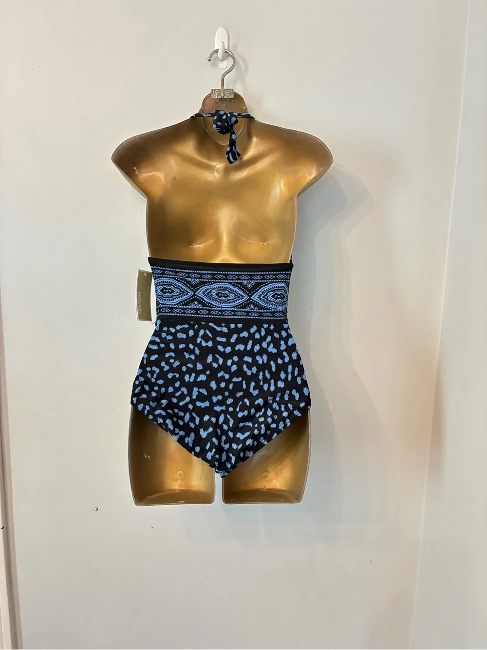 Michael Kors NWT Blue Leopard Print Halter One Piece Swimsuit Size 8 Resort